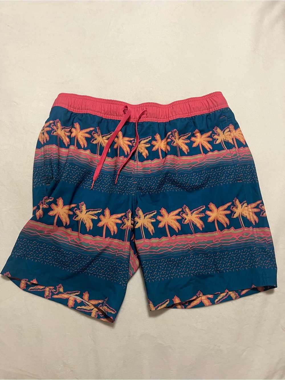 Men's Teal Palm-Print Swim Trunks with Coral Waistband
